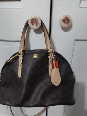 COACH Brown Signature Dome Satchel with Beige Trim and Orange Accent